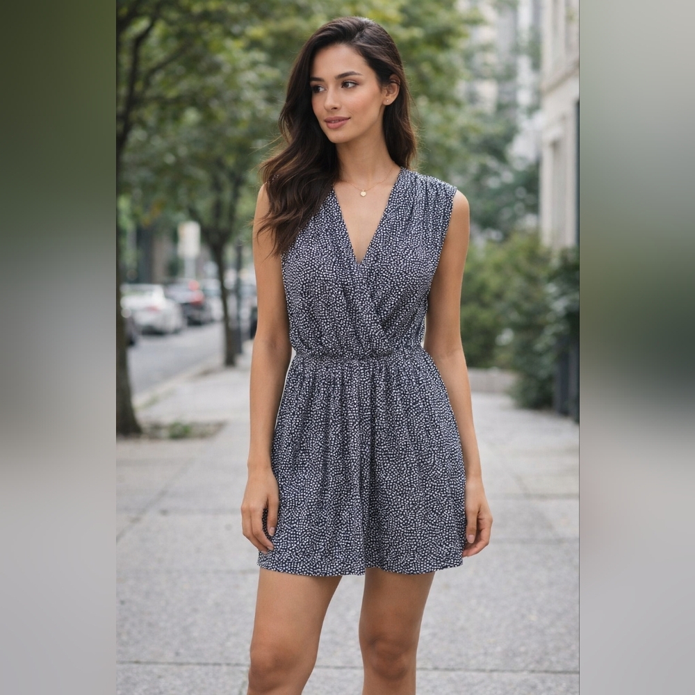 French Connection Navy and White Printed Sleeveless Wrap Romper Dress